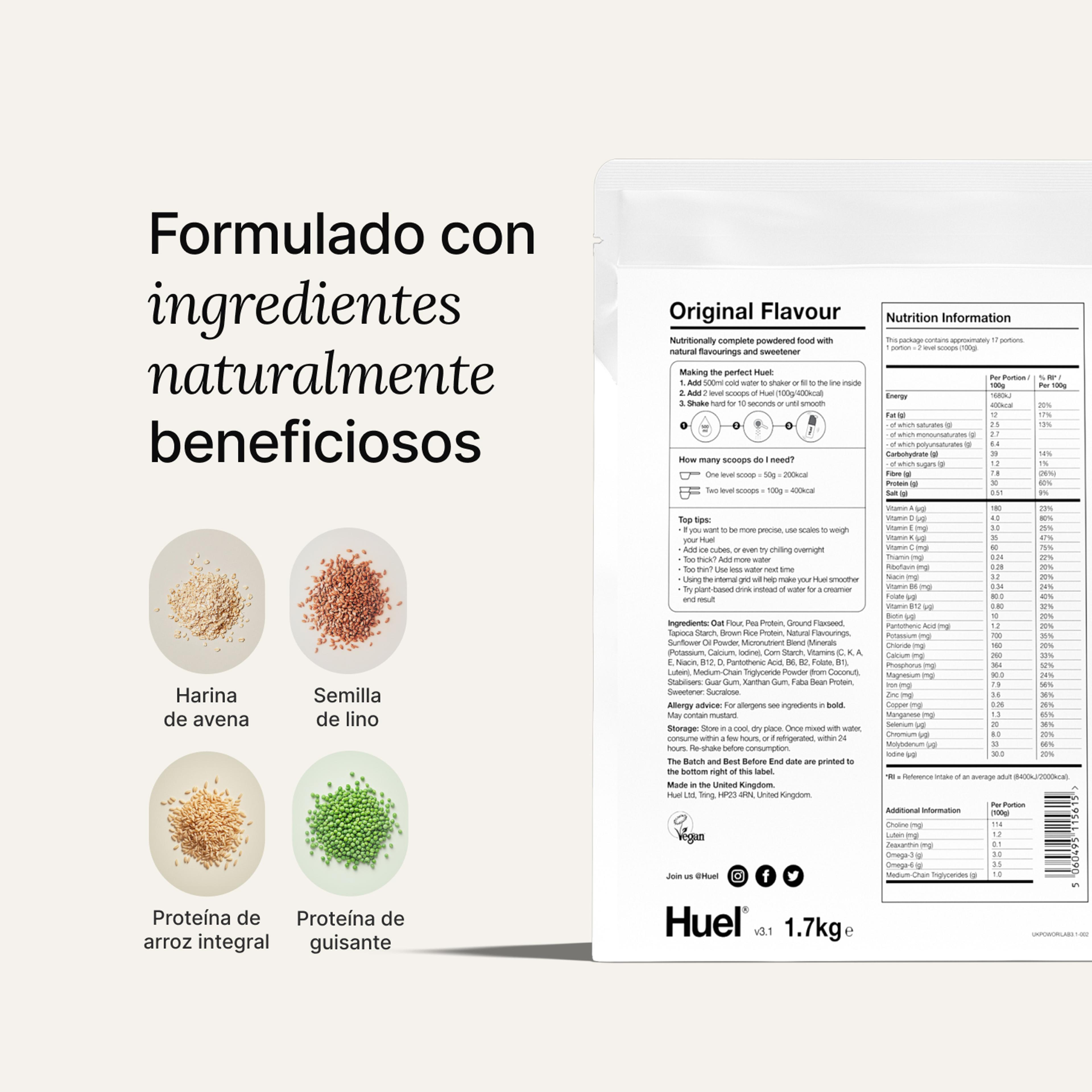 Back of pack nutritional information for Huel Powder