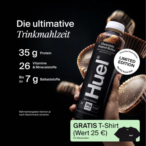 Eine Flasche Huel Ready-to-drink mit den wichtigsten Vorteilen daneben