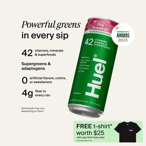 Can of Huel Daily Greens sparkling supergreens drink in Pink Grapefruit, with 42 vitamins, minerals and superfoods, supergreens and adaptogens, no artificial flavors, colors or sweeteners, and 4g fiber in every can