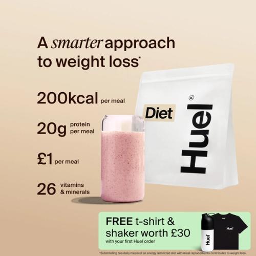 A bag of Huel Diet powder next to a glass containing a Huel drink on a beige background