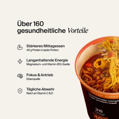 An open pot of Huel Black Edition Ramen on a neutral colour background with benefits listed