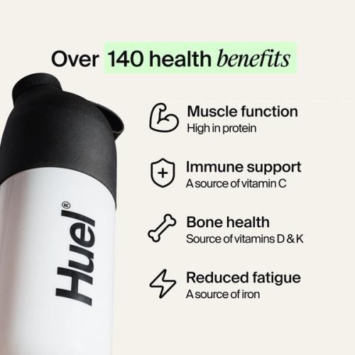 A black and white Huel shaker on a neutral colour background with health benefits in text beside it