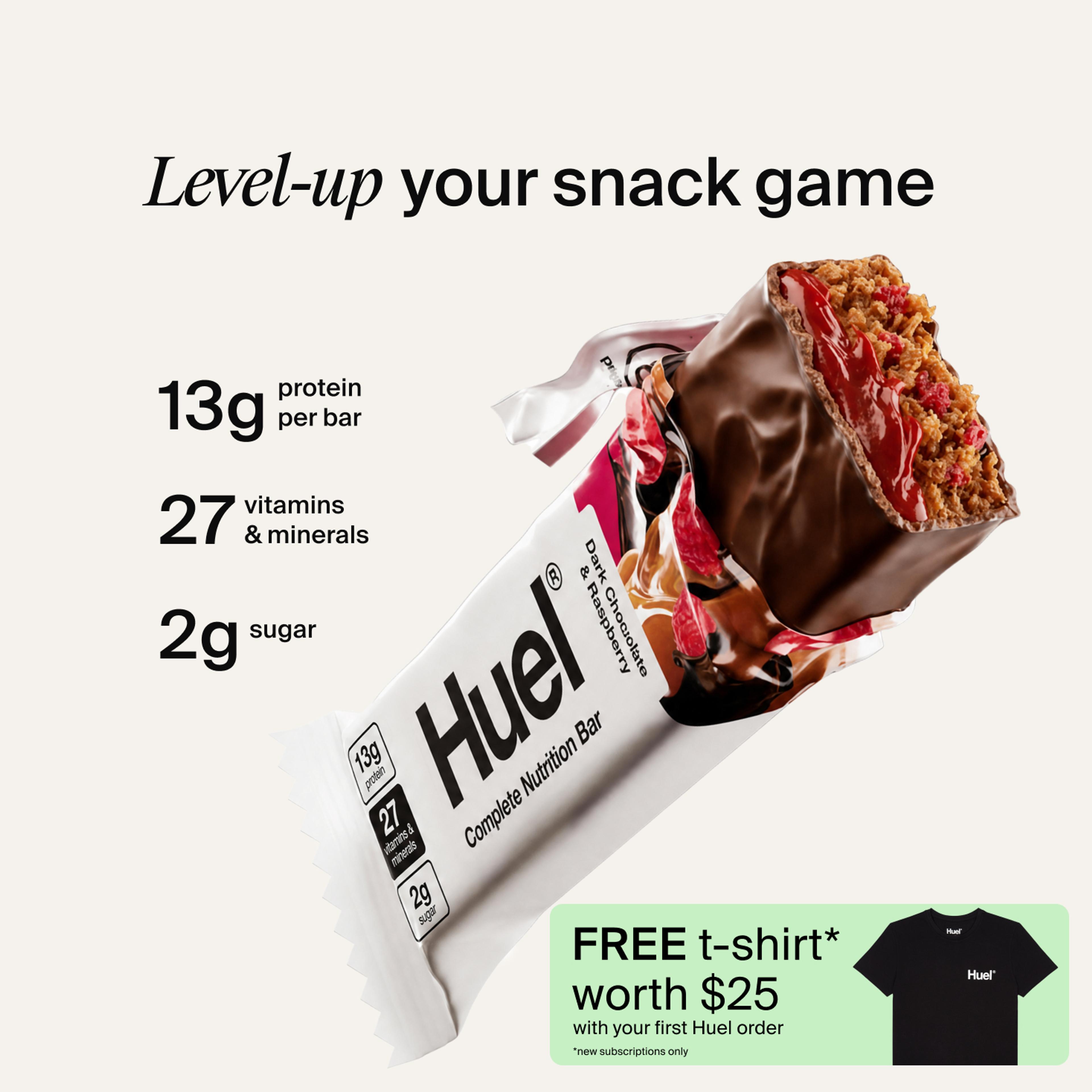 A Huel Complete Nutrition bar with a peanut and caramel filling, set against a beige-colour background