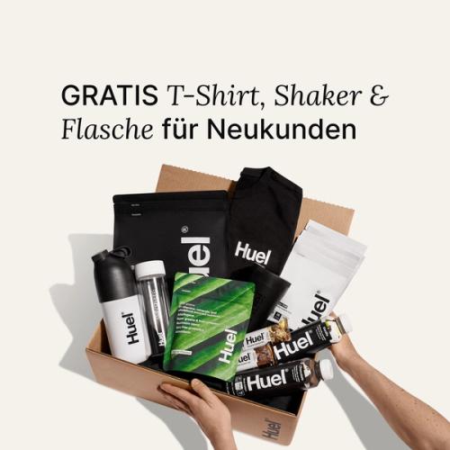 All the Huel Bestselling products next to a Black Huel T-shirt