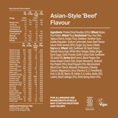 Back of a Huel Black Edition Ramen with nutritional information - Asian-Style 'Beef'