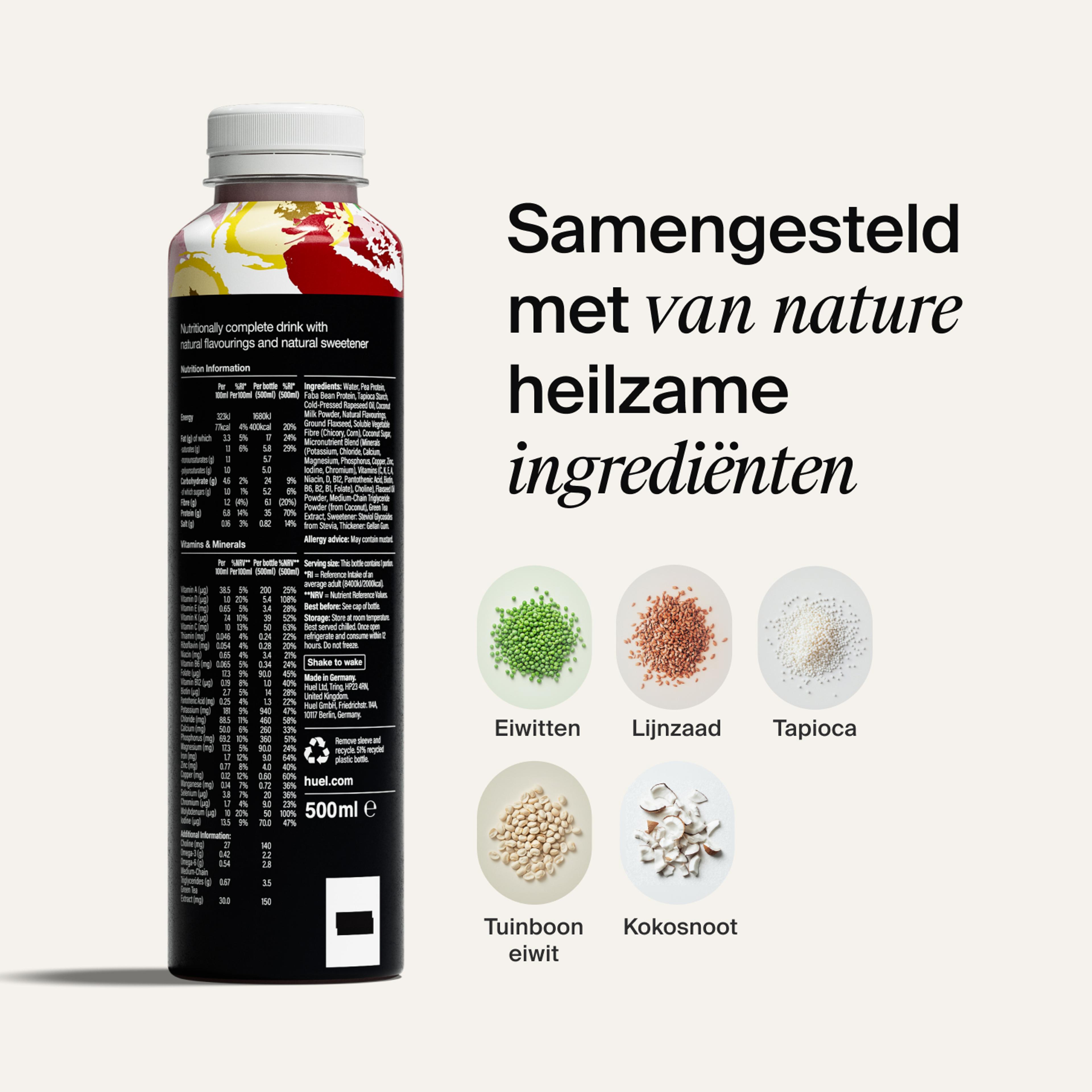 Bottle of Black Edition RTD with back-of-pack nutrition included, and natural ingredient images