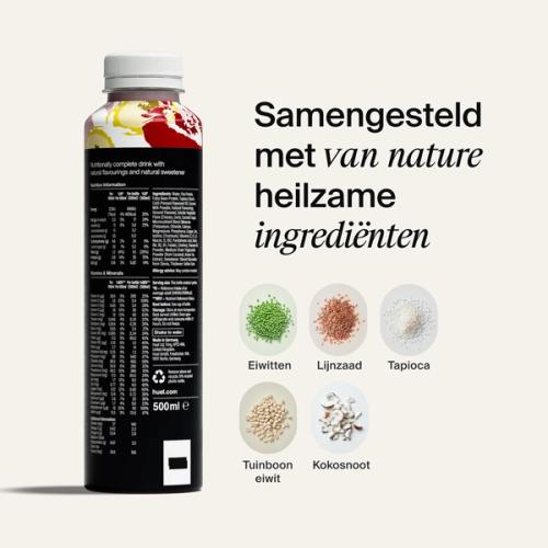 Bottle of Black Edition RTD with back-of-pack nutrition included, and natural ingredient images