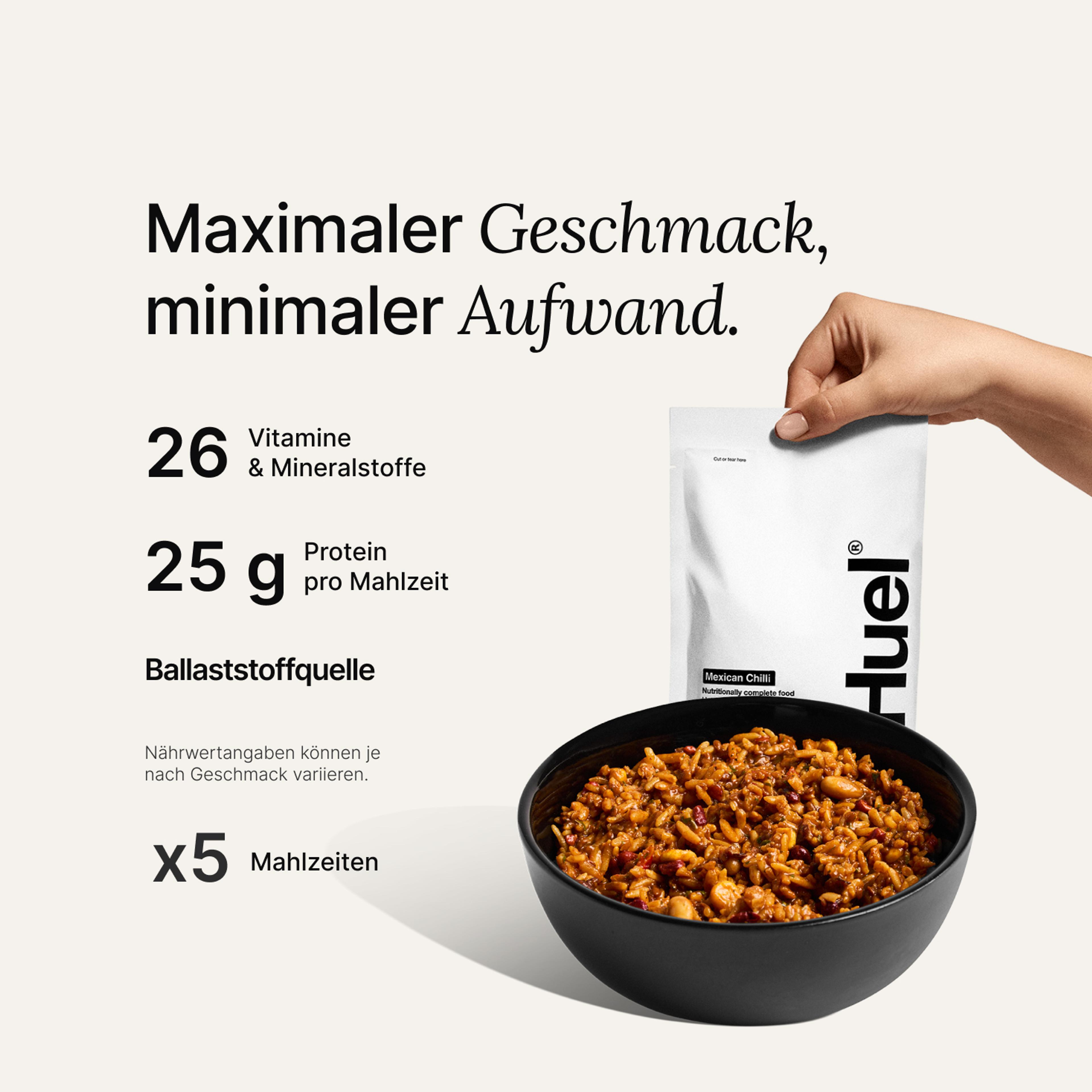 Huel Hot & Savoury pouch set against a neutral colour background with health benefits written beside it