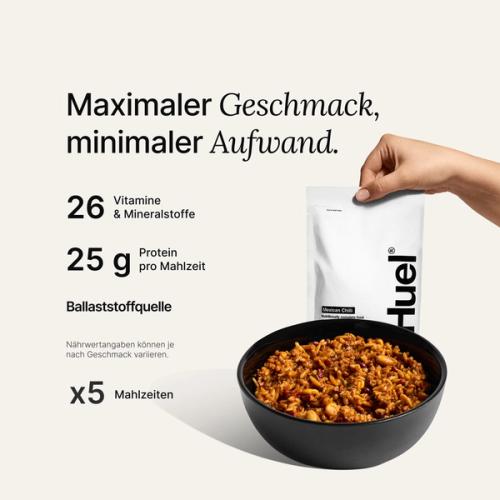 Huel Hot & Savoury pouch set against a neutral colour background with health benefits written beside it