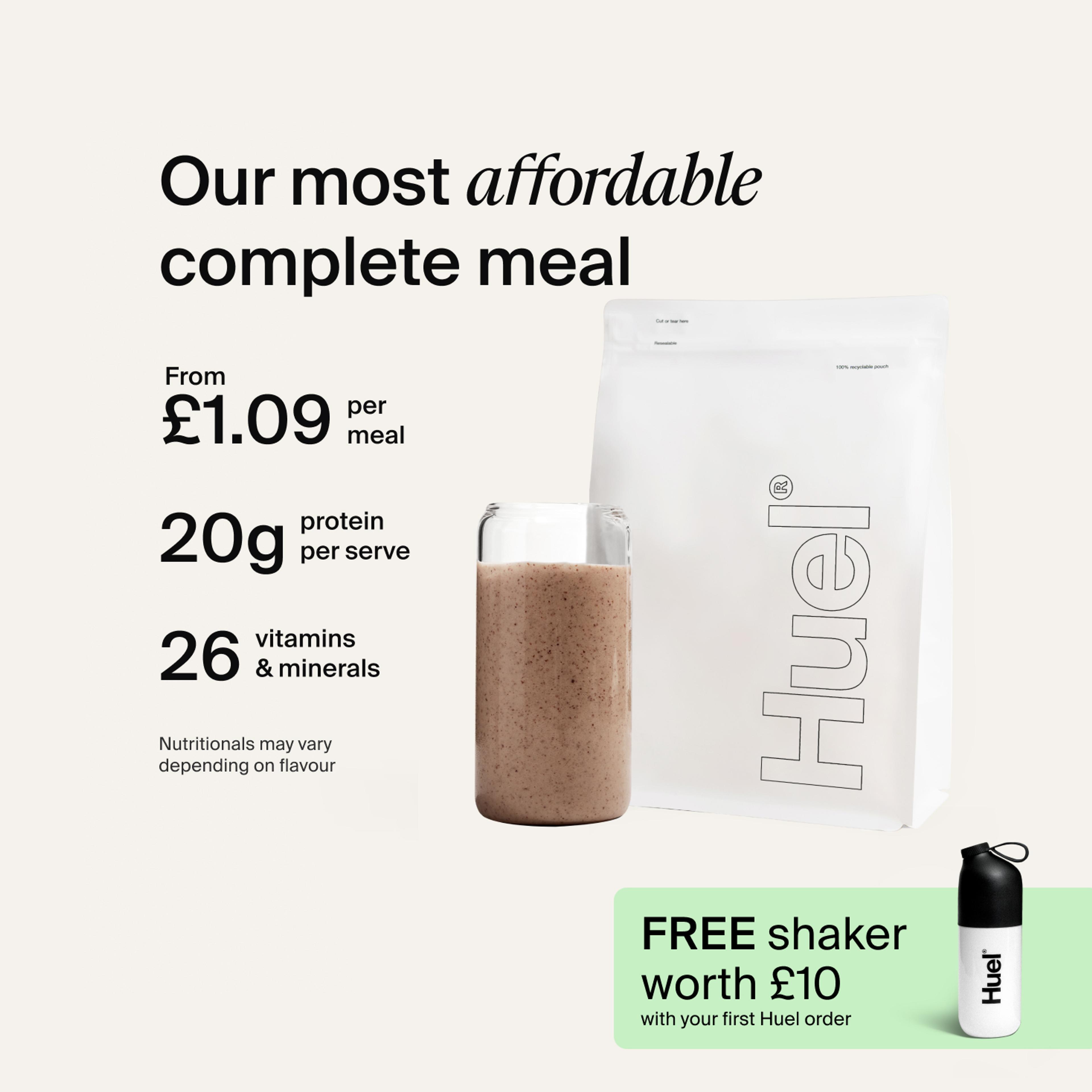 A white pouch of Huel Essential and a Huel shaker on a neutral colour background