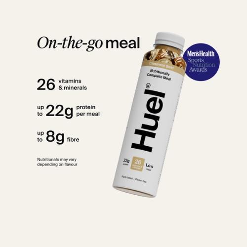 Alt: Huel Ready-to-drink bottle, alongside text highlighting 26 vitamins and minerals, up to 22g protein per meal, and up to 8g fibre.