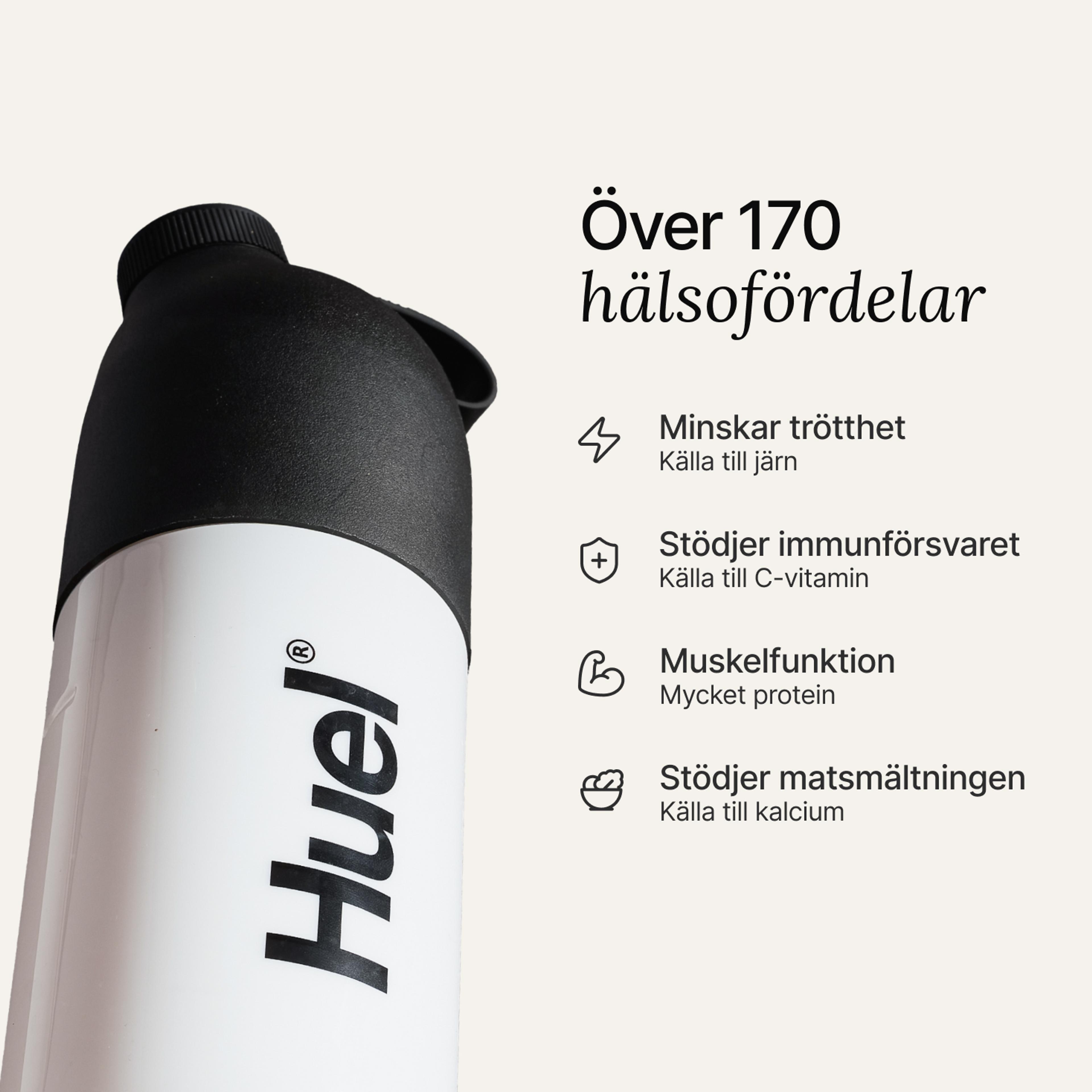 A black and white Huel Shaker set against a neutral background, accompanied by health benefit callouts