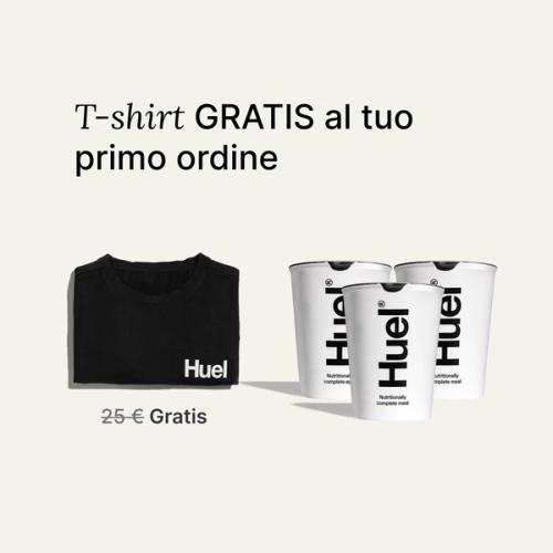 Maglietta e consegna gratuite con il vostro primo ordine con la dicitura "immagina la maglietta gratuita e 3 Huel Pots".