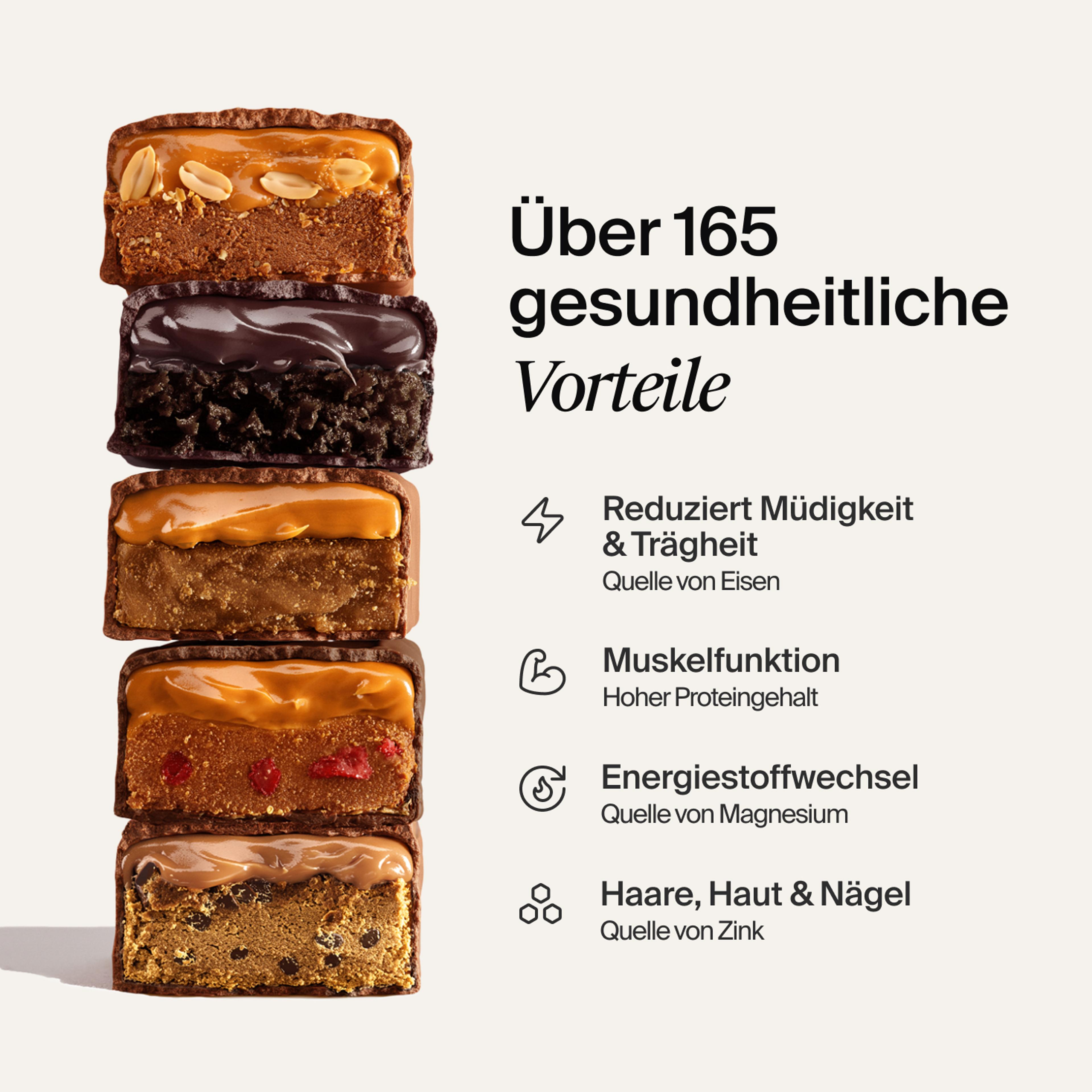 An image of a stack of Huel Complete Nutrition Bars next to text outlining key health benefits