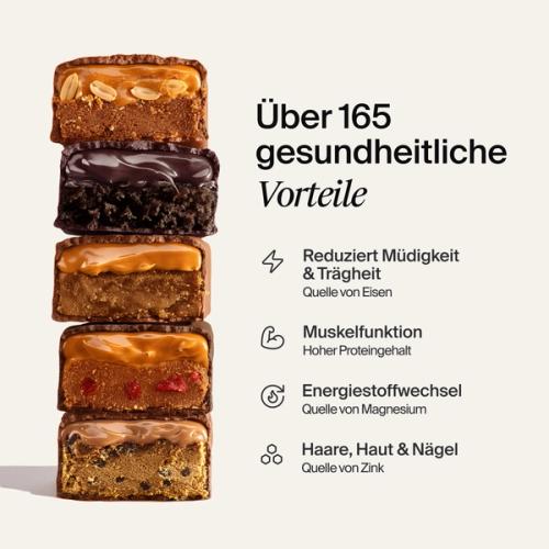 An image of a stack of Huel Complete Nutrition Bars next to text outlining key health benefits