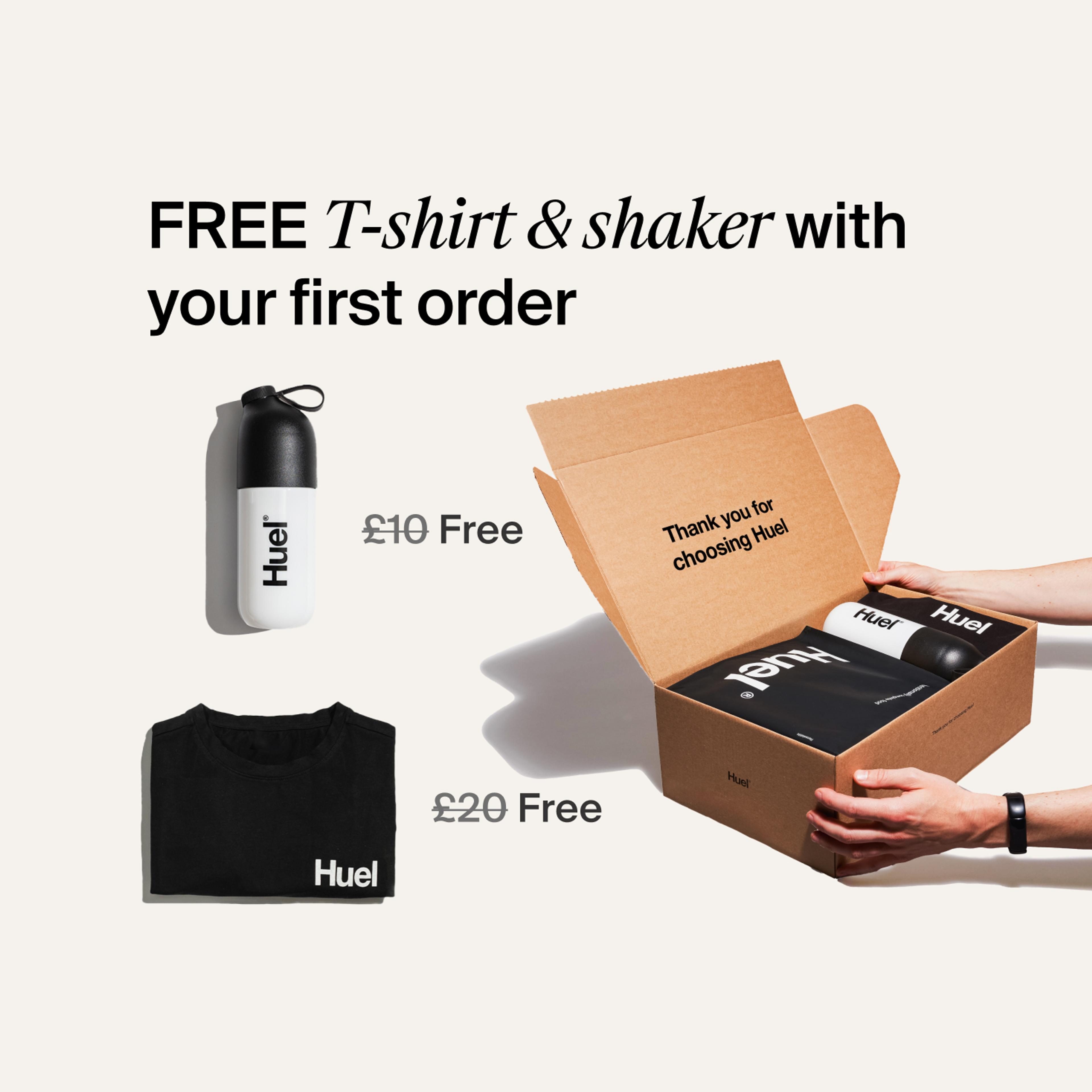 Image of a Huel unboxing, shaker and black t-shirt