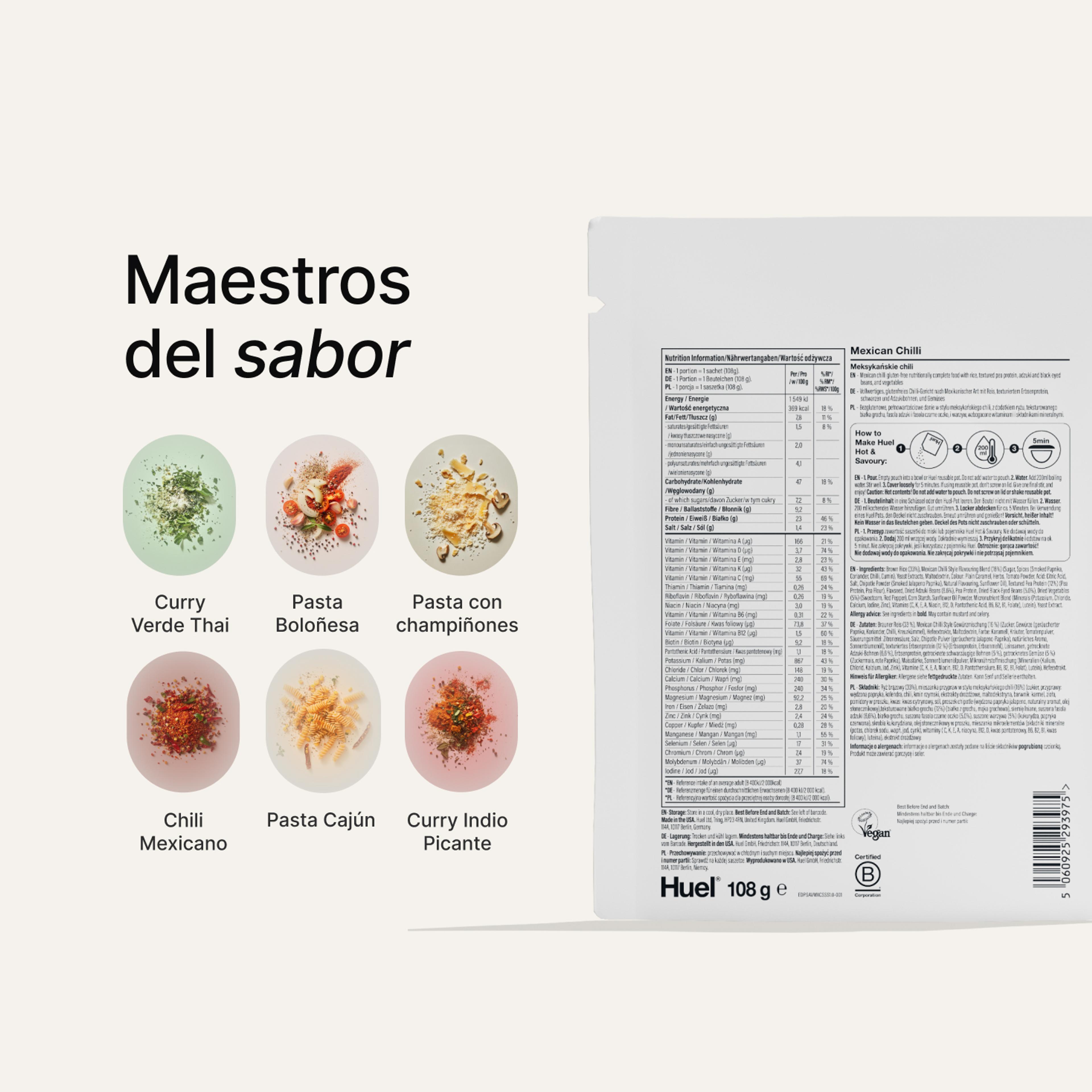 Back of a Huel Hot & Savoury meal pack with nutritional information