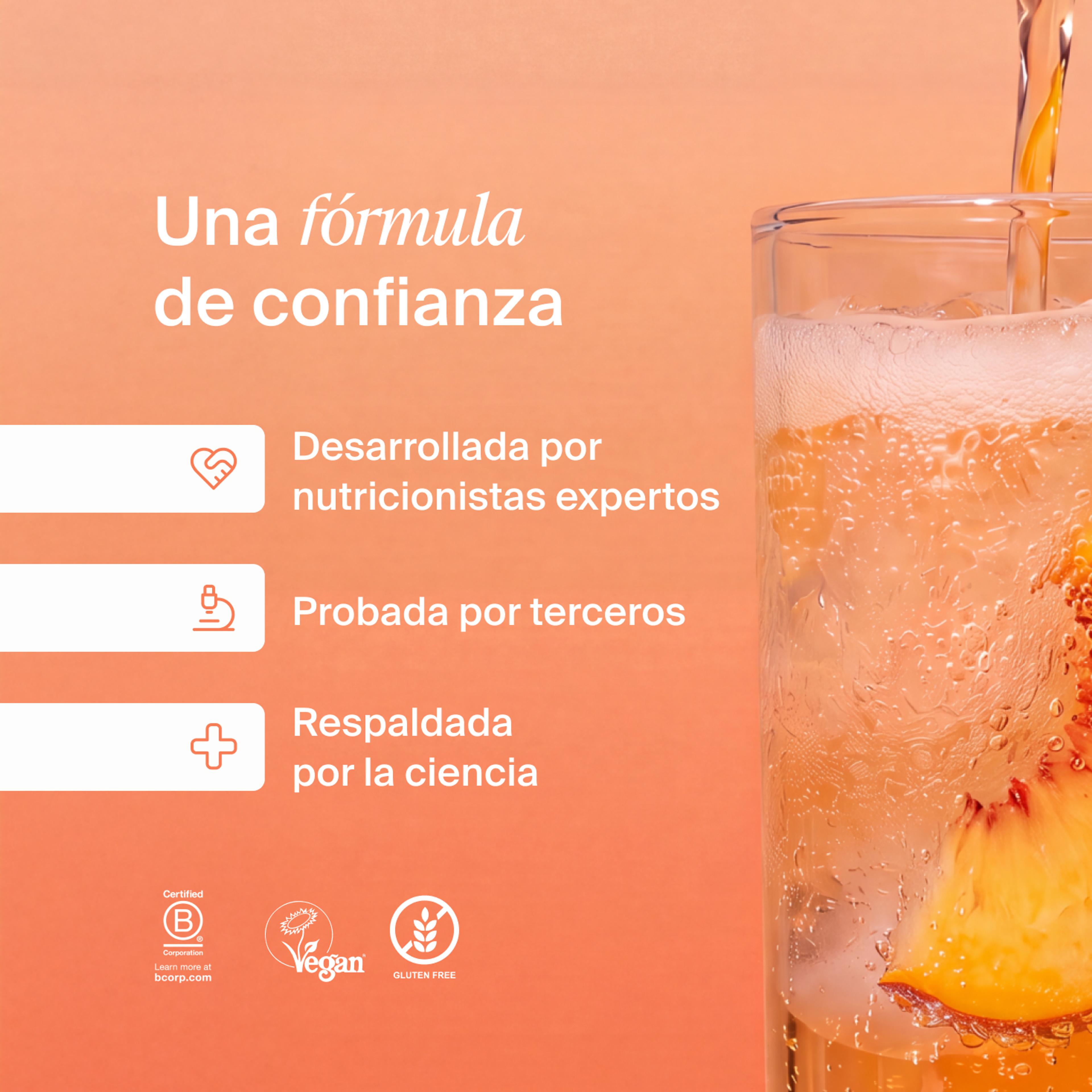 Una fórmula en la que puedes confiar. Desarrollada por nutricionistas expertos, rigurosamente probada y respaldada por la ciencia. Logotipos de Certified B Corps, KLBD y la Sociedad Vegana