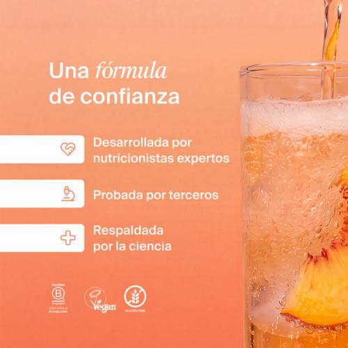 Una fórmula en la que puedes confiar. Desarrollada por nutricionistas expertos, rigurosamente probada y respaldada por la ciencia. Logotipos de Certified B Corps, KLBD y la Sociedad Vegana