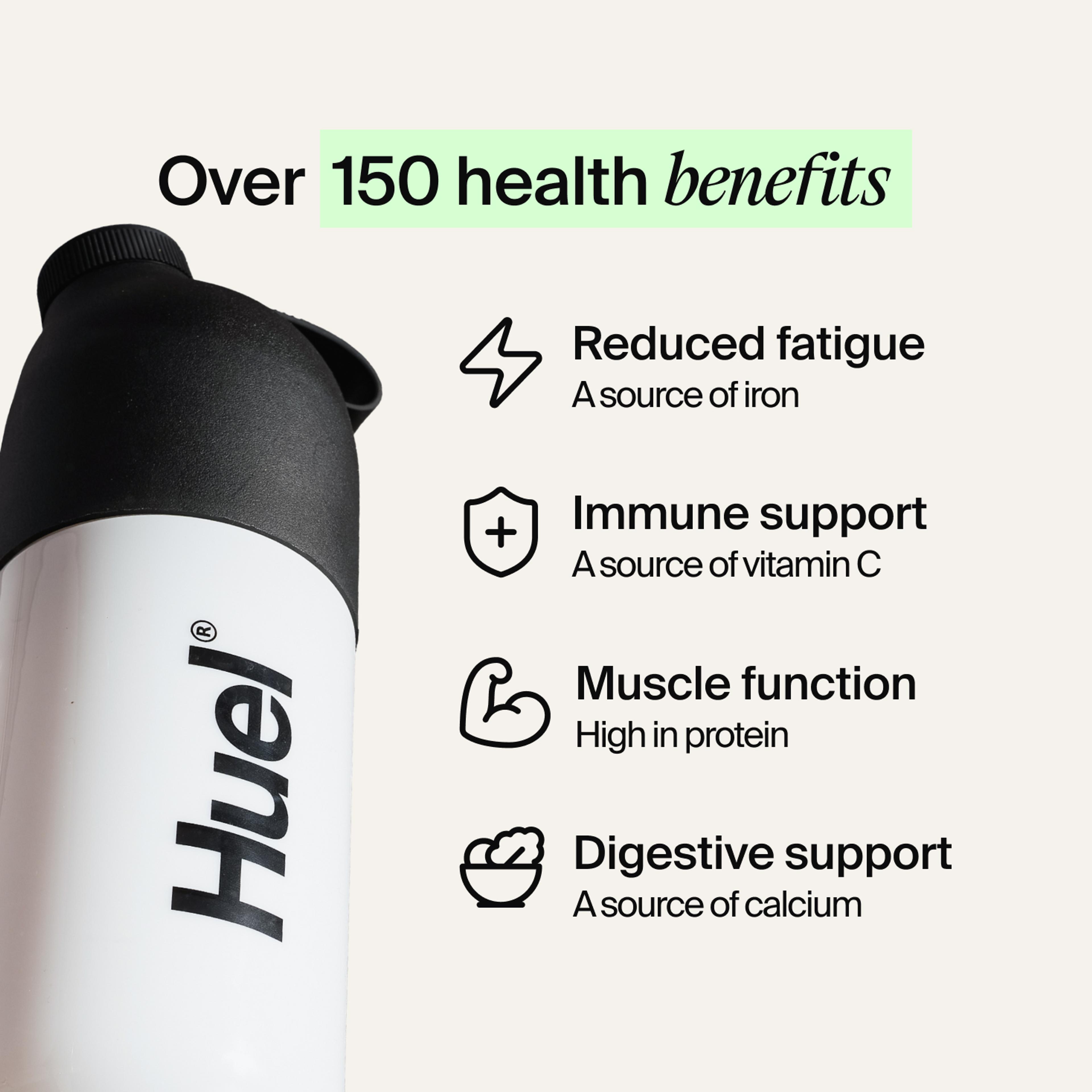 A black and white Huel Shaker set against a neutral background, accompanied by health benefit callouts
