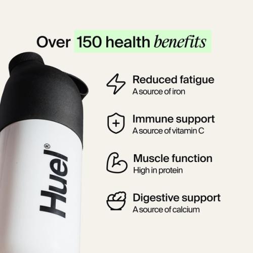 A black and white Huel Shaker set against a neutral background, accompanied by health benefit callouts