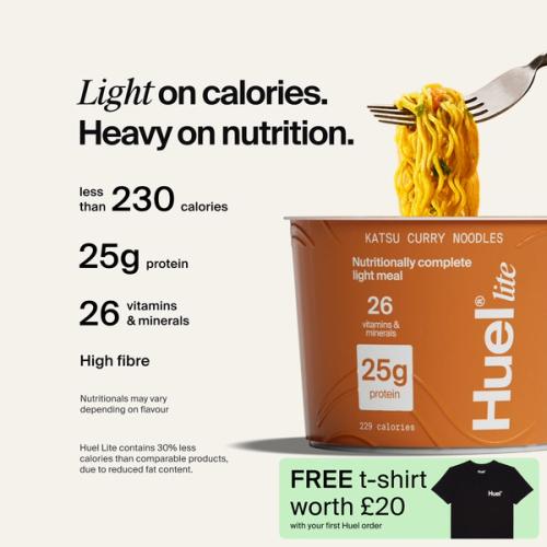 A pot of Huel Lite Ramen with Complete Nutrition callouts
