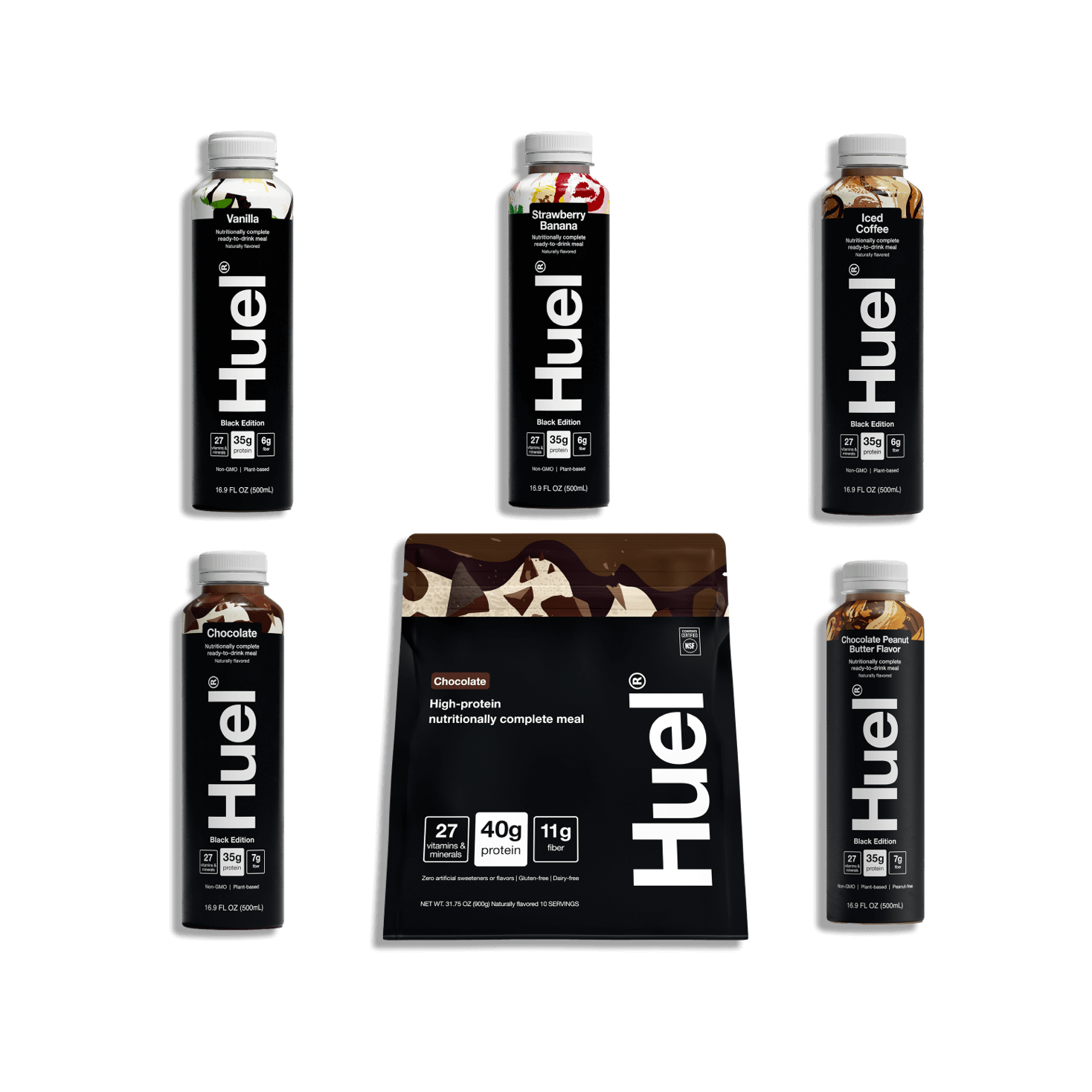 Bag of Black Edition Powder surrounded by bottles of Huel Black Edition Ready-to-drink