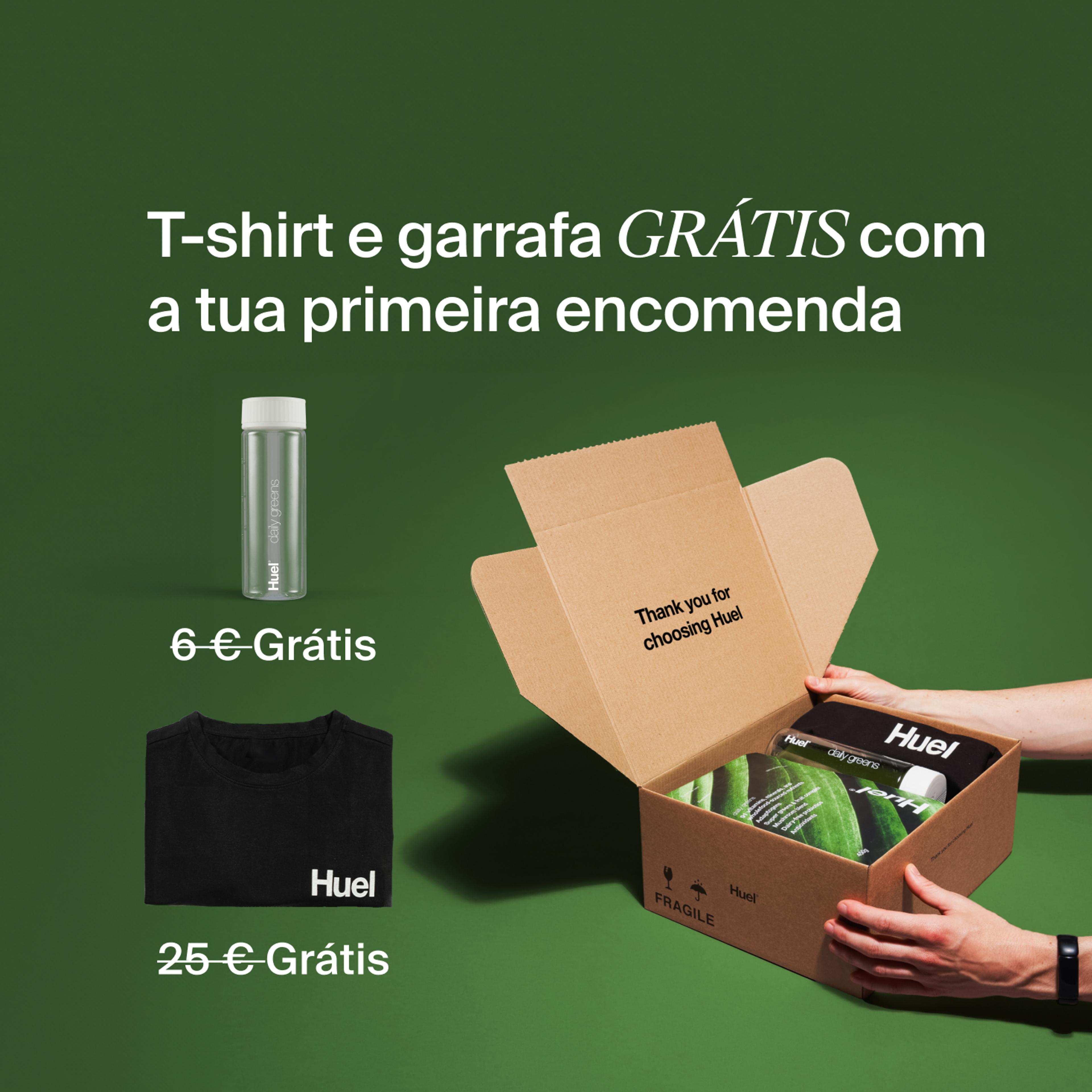 Unboxing a Huel order containing Daily Greens powder, a black Huel t-shirt, and a clear bottle, set against a green background.