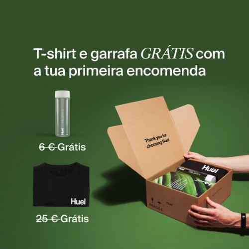 Unboxing a Huel order containing Daily Greens powder, a black Huel t-shirt, and a clear bottle, set against a green background.