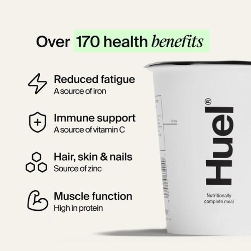 Close up of a Huel pot lid accompanied by text outlining a number of key health benefits 