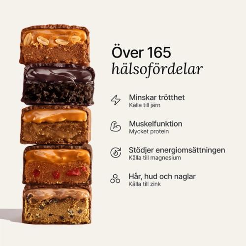 An image of a stack of Huel Complete Nutrition Bars next to text outlining key health benefits
