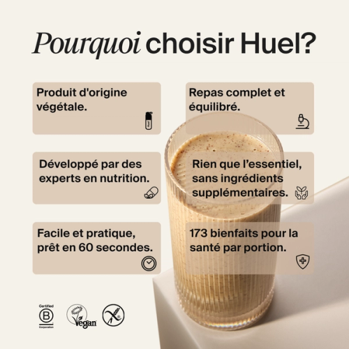 Visuel promotionnel en français intitulé « Pourquoi choisir Huel ? » montrant un verre de shake Huel entouré de bénéfices clés comme l’alimentation végétale, les repas équilibrés, l’expertise nutritionnelle et la praticité.