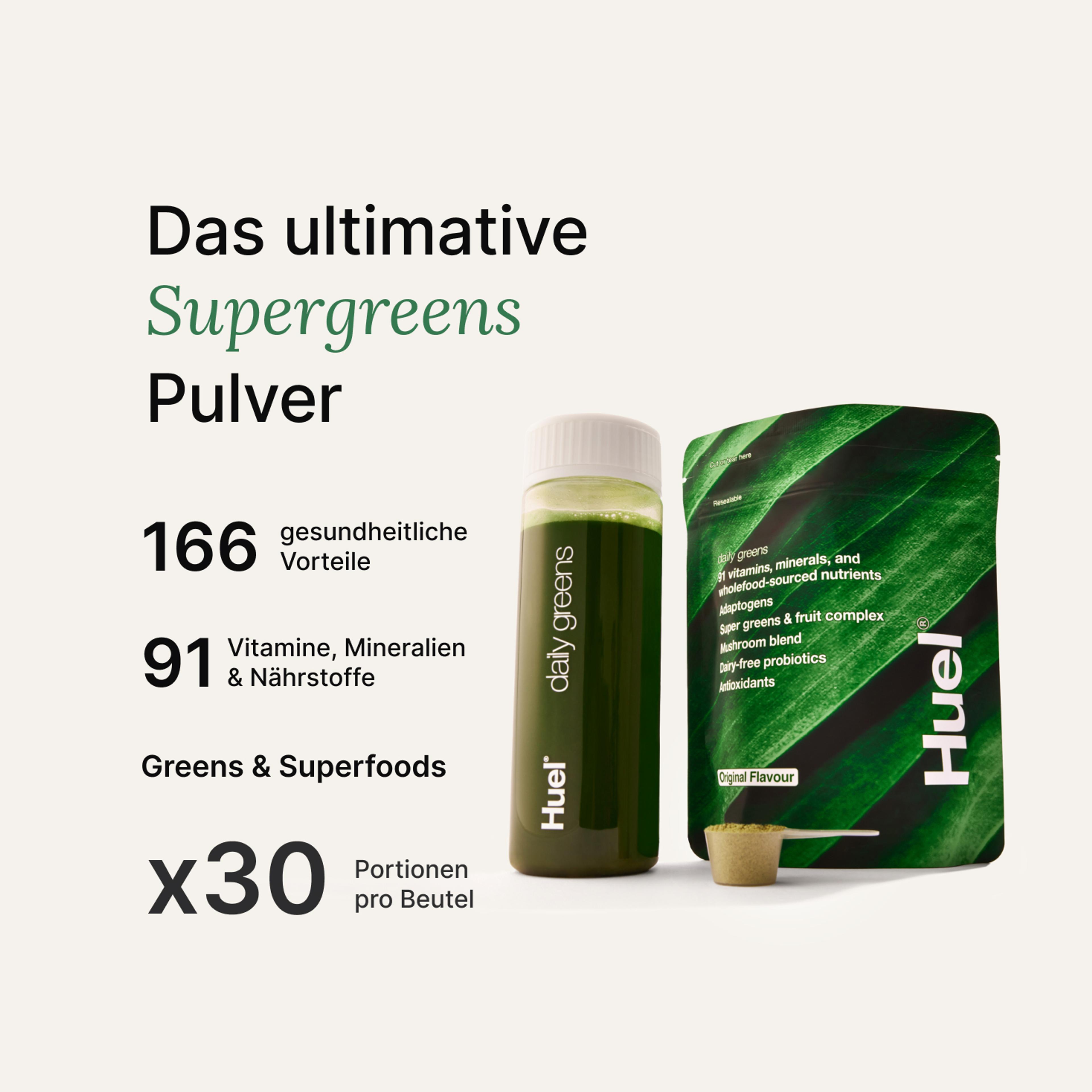Daily greens pouch with a clear bottle