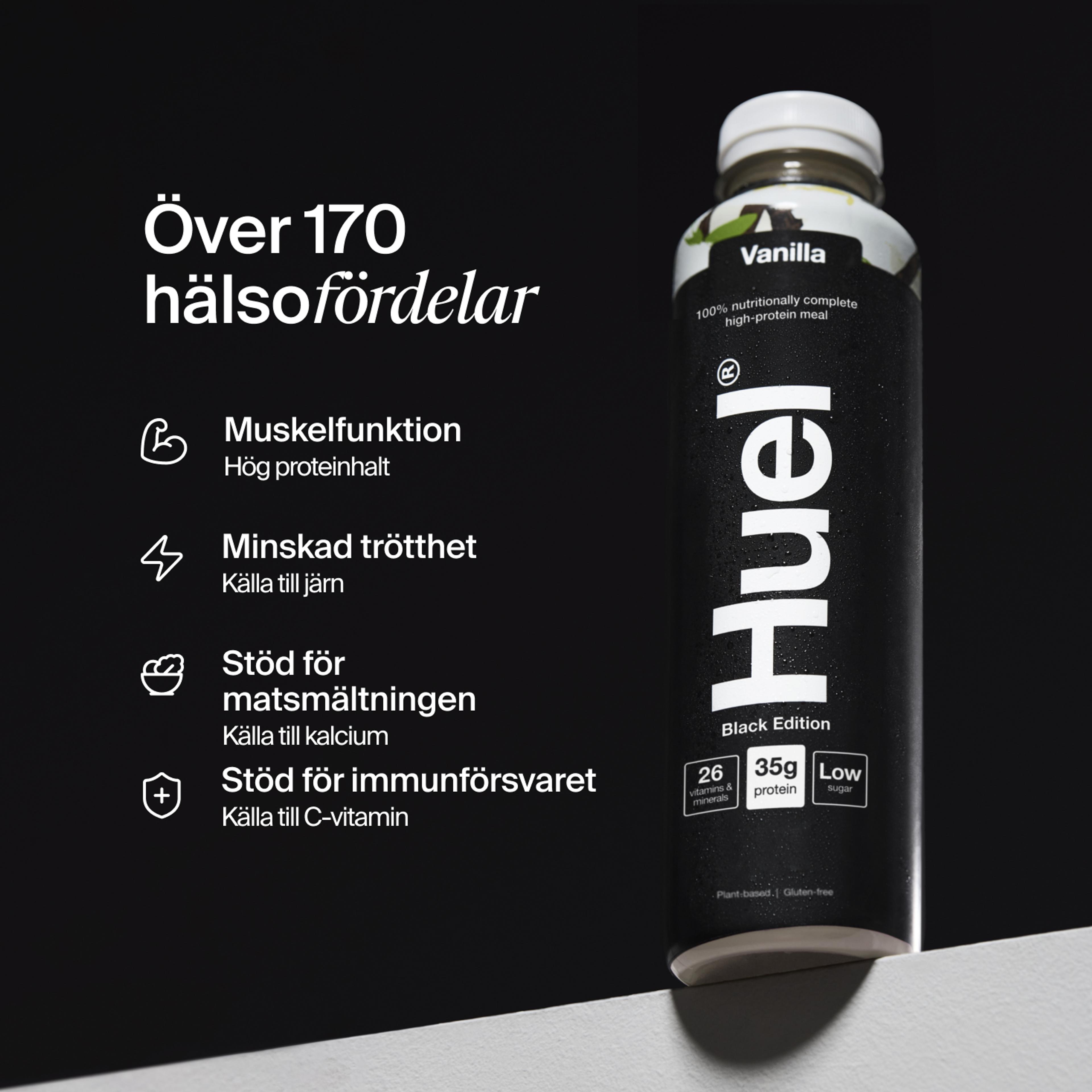 Bottle of Huel Ready-to-drink with health benefits written beside it