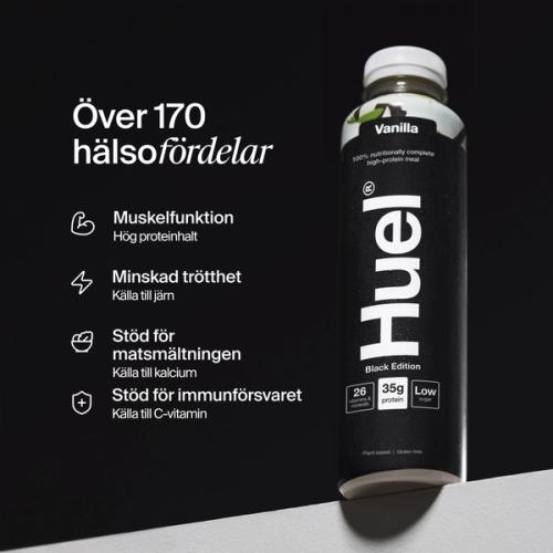 Bottle of Huel Ready-to-drink with health benefits written beside it