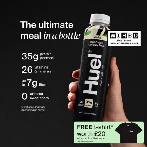 a hand holding a Bottle of Huel RTD with key benefits written next to it