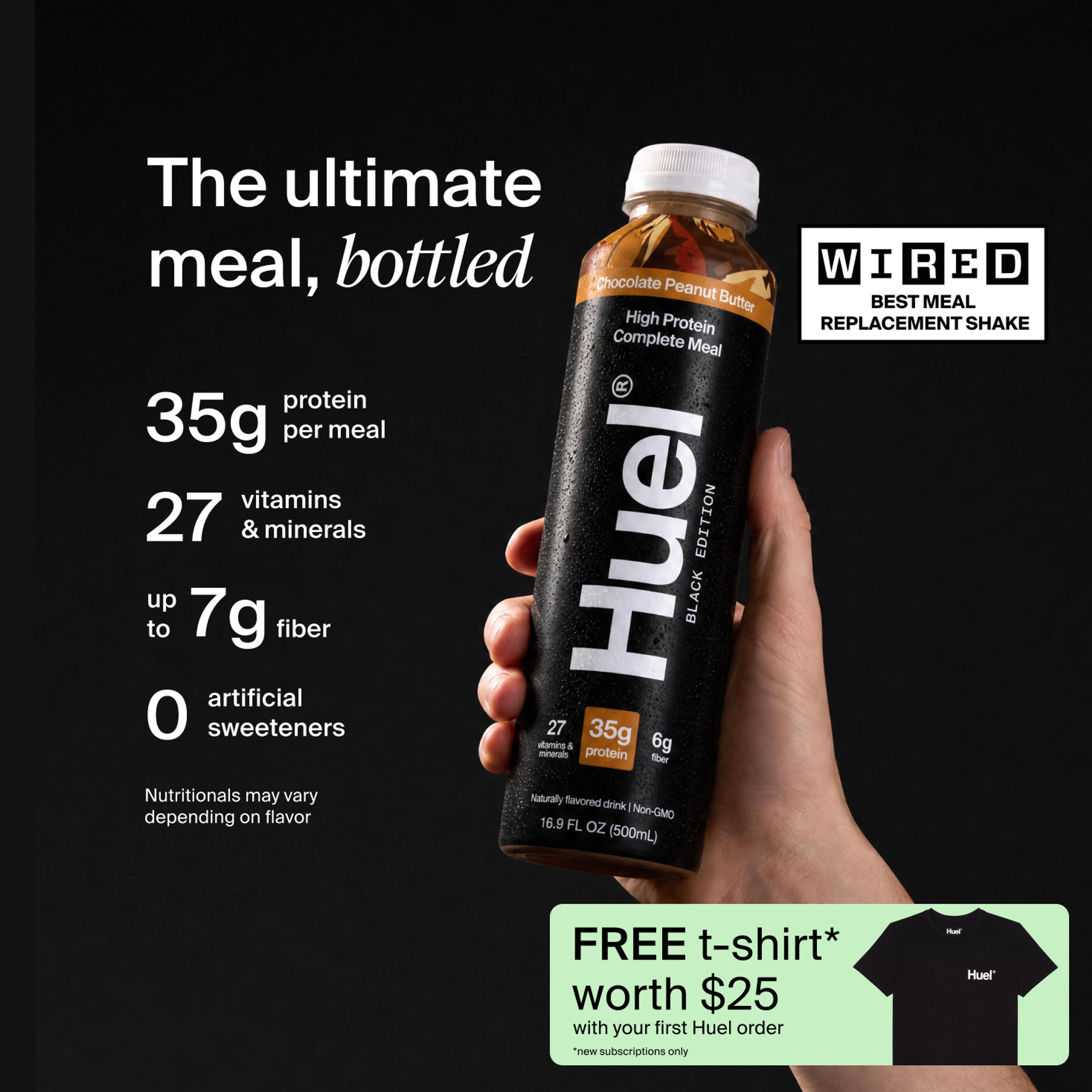 Huel Black Edition Ready-to-drink bottle held in hand, alongside text highlighting 35g protein, 26 vitamins and minerals, up to 7g fibre, and no artificial sweeteners.