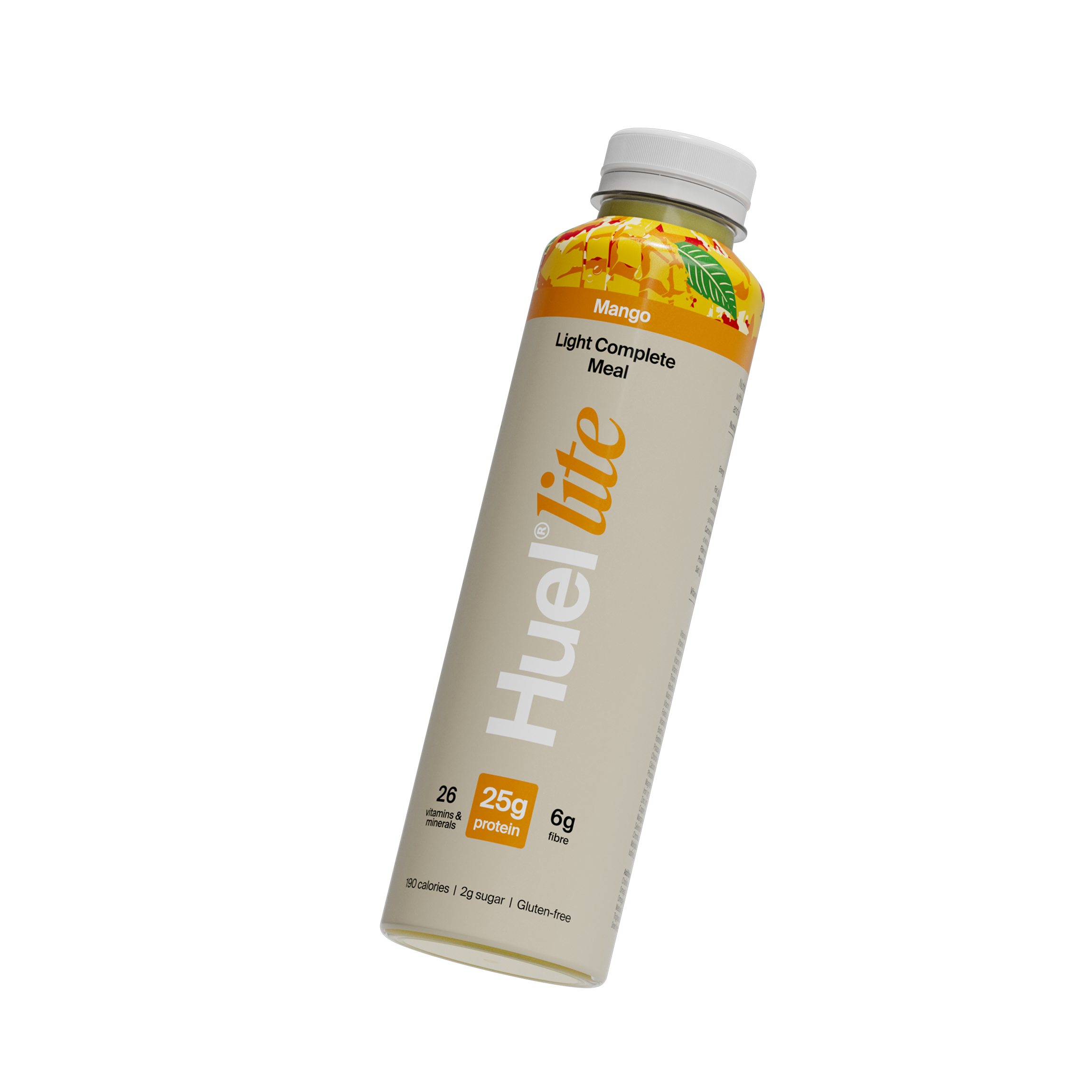 A bottle of mango flavoured Huel Lite ready-to-drink