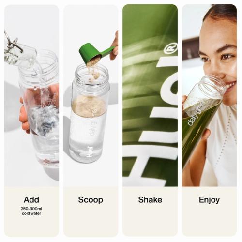 a visual, step-by-step guide for how to prepare the Greens - Add, Scoop, Shake, Enjoy! 