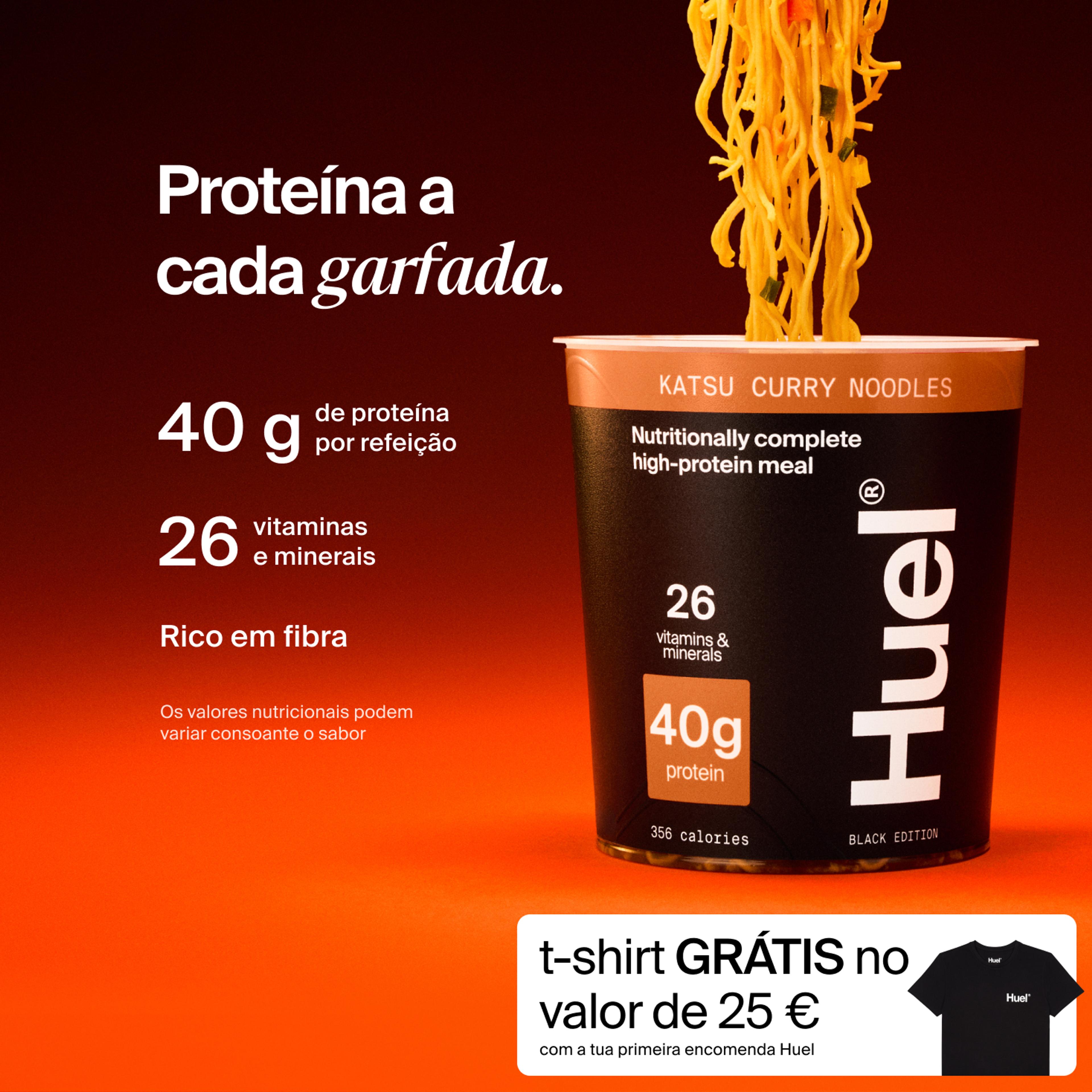 A pot of Huel Black Edition Ramen with Complete Nutrition callouts on a red and black gradient background