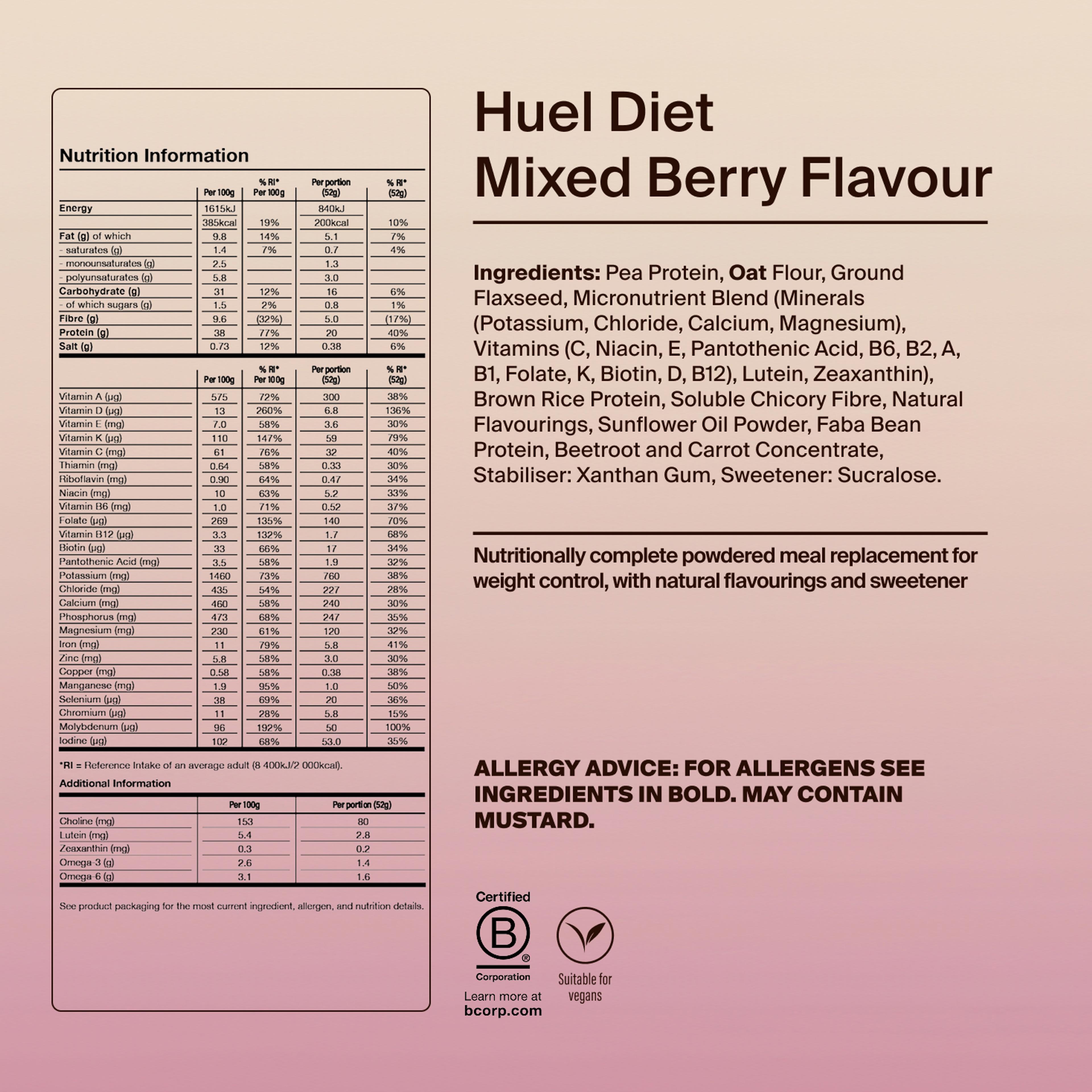 Back of pack nutritional information for Huel Diet Powder Mixed Berry Flavour