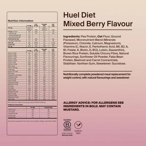 Back of pack nutritional information for Huel Diet Powder Mixed Berry Flavour