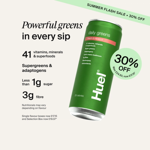 Alt: Huel Daily Greens Ready-to-drink can, alongside text highlighting 41 vitamins, minerals and superfoods, supergreens and adaptogens, less than 1g sugar, and 3g fibre.
