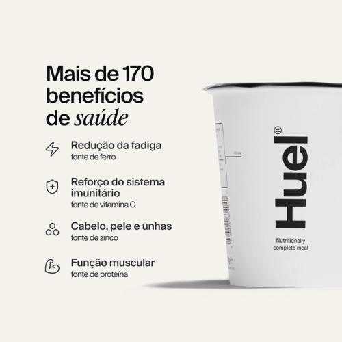 Close-up de uma tampa de recipiente Huel acompanhada por texto que destaca vários benefícios de saúde chave 