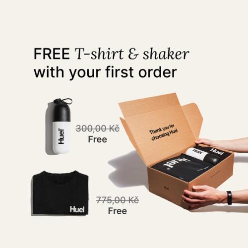 Image of a Huel unboxing, shaker and black t-shirt