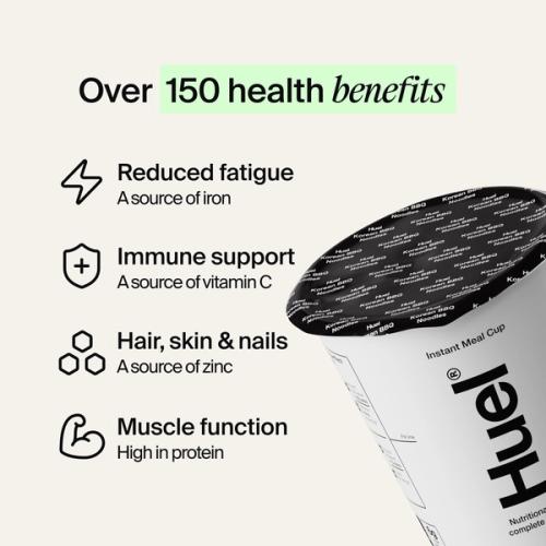 Close up of a Huel pot lid accompanied by text outlining a number of key health benefits 