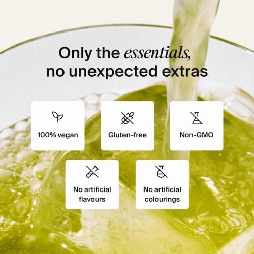 A list of health benefits of Huel Daily Greens ready-to-drink set against a background of a close-up of Huel Daily Greens Ready-to-drink in a glass