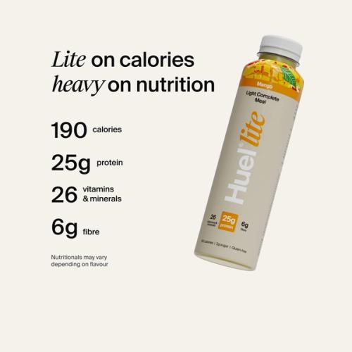 Huel Ready-to-drink Lite bottle, alongside text highlighting 190 calories, 25g protein, 26 vitamins and minerals, and 6g fibre.