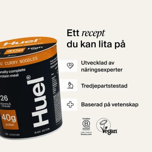 A pot of Huel Lite Ramen next to various callouts and logos