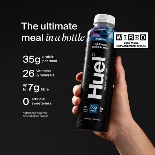 Huel Black Edition Ready-to-drink bottle held in hand, alongside text highlighting 35g protein, 26 vitamins and minerals, up to 7g fibre, and no artificial sweeteners.